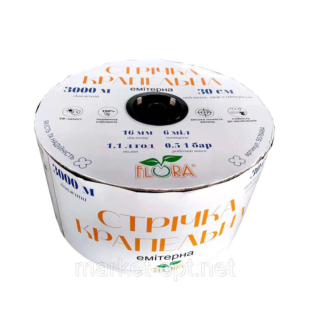 Стрічка крапельна з плоским евітером Ø16 мм 10 см 6 мм 1.38 л 500 м FLORA (5076884), фото 1