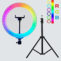 Кольцевая лампа светодиодная LED RGB 3D 33 см цветная двухсторонняя с блютуз пультом и штативом TP-434