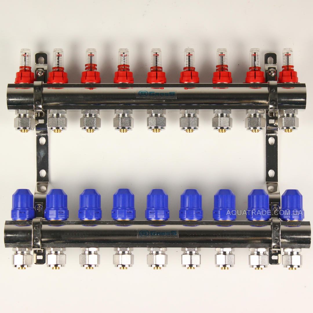 Коллектор Gross 8504 1" - 3/4" на 9 виходів в зборі для теплої підлоги