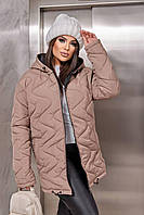 Женская зимняя стеганая зигзагами куртка с капюшоном большие размеры 50-60