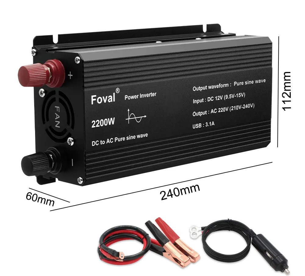 Інвертор FOVAL 2200W, Перетворювач напруги з 12 в 220 V Чиста, правильна синусоїда