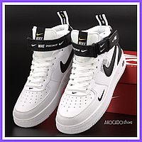 Кроссовки мужские и женские Nike Air Force 1 Mid white black / Найк аир Форс белые черные высокие
