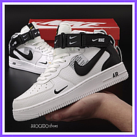 Кроссовки женские и мужские Nike Air Force 1 Mid white black / Найк аир Форс белые черные высокие