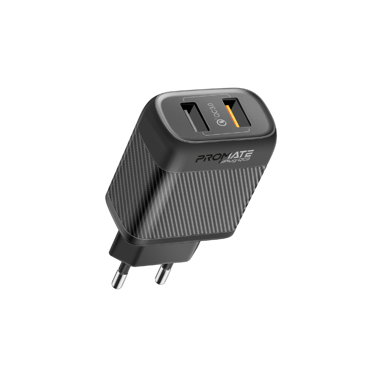 Мережевий зарядний пристрій Promate BiPlug-QC3 18W 2хUSB-A Black (biplug-qc3.eu-bk), фото 1