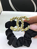 Шовкова гумка середня для волосся з перлами і логотипом Шанель/Chanel, фото 4
