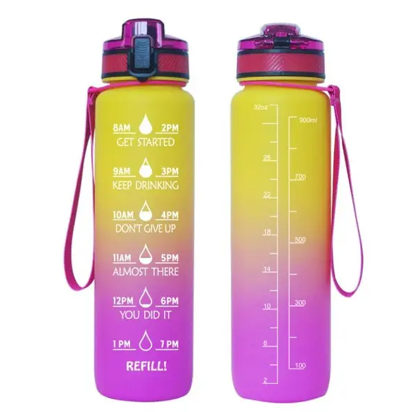 Мотиваційна пляшка для води Refill 1л з часом Yeelow-Pink