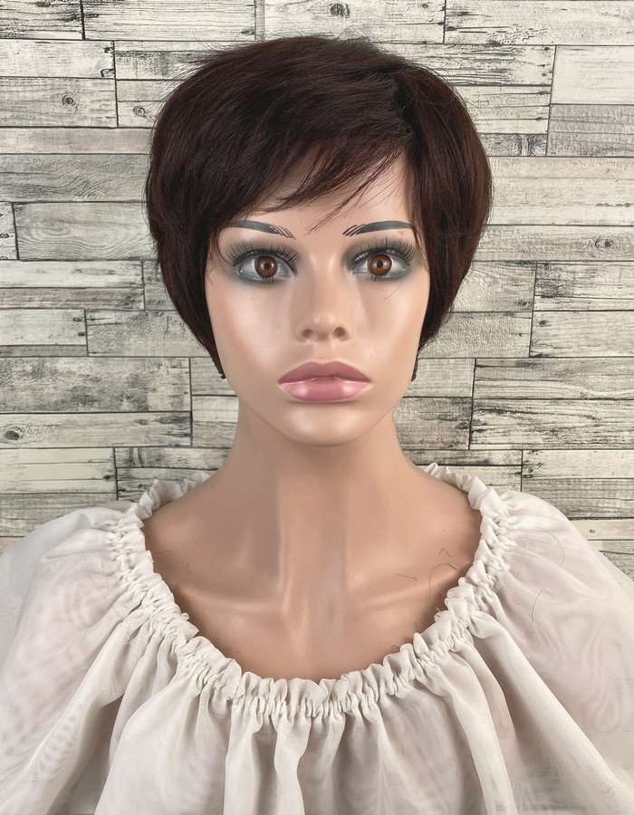 Перука темно-каштанова з натурального волосся коротка стрижка, фото 1
