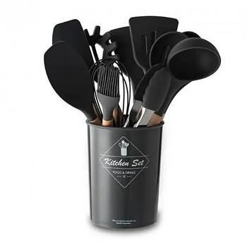 Силіконовий Кухонний Набір Приладдя 12в1 Kitchen Set Чорний з Дерев'яною Ручкою