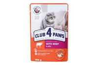 Клуб 4 Лапи ПРЕМІУМ. "З ЯЛОВИЧИНОЮ В ЖЕЛЕ". Повнораціонний консервований корм для дорослих котів. 100 г