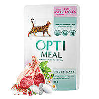 Optimeal Повнораціонний консервований корм для дорослих котів з ягням та овочами в желе 85 г