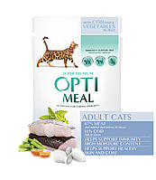 Optimeal Повнораціонний консервований корм для дорослих котів з тріскою та овочами в желе 85 г