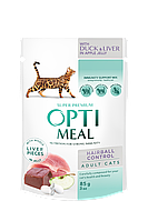 Optimeal Повнораціонний консервований корм для дорослих котів з ефектом виведення шерсті, з качкою та шматками
