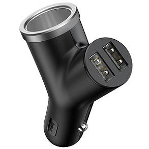 АЗП Baseus Y type dual USB+cigarette lighter extended car charger 3.1 A Black, фото 2