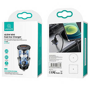 АЗП Usams US-CC127 C25 42.5W USB 22.5W+PD 20W Mini Fast Car Charger Transparent black, фото 4