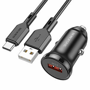 Автомобільний зарядний пристрій BOROFONE BZ18 single port QC3.0 car charger set(Type-C) 18W Black, фото 1