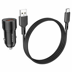 Автомобільний зарядний пристрій BOROFONE BZ19A Wisdom single port QC3.0 car charger set(Type-C) 18W Black, фото 1