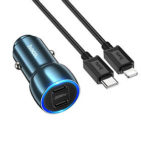 Автомобільний зарядний пристрій HOCO Z48 Tough 40W dual port(2C) car charger set(C to iP) Sapphire Blue