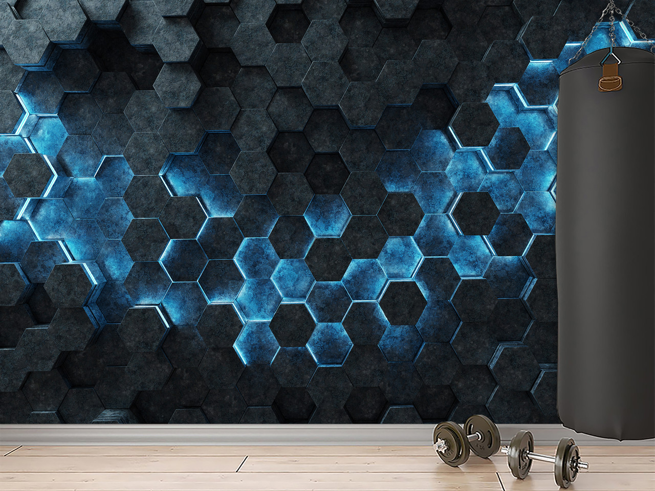 Самоклеюча плівка Oracal "Чорні шестикутники з синім світлом", декор для спальні, вітальні, фото 1