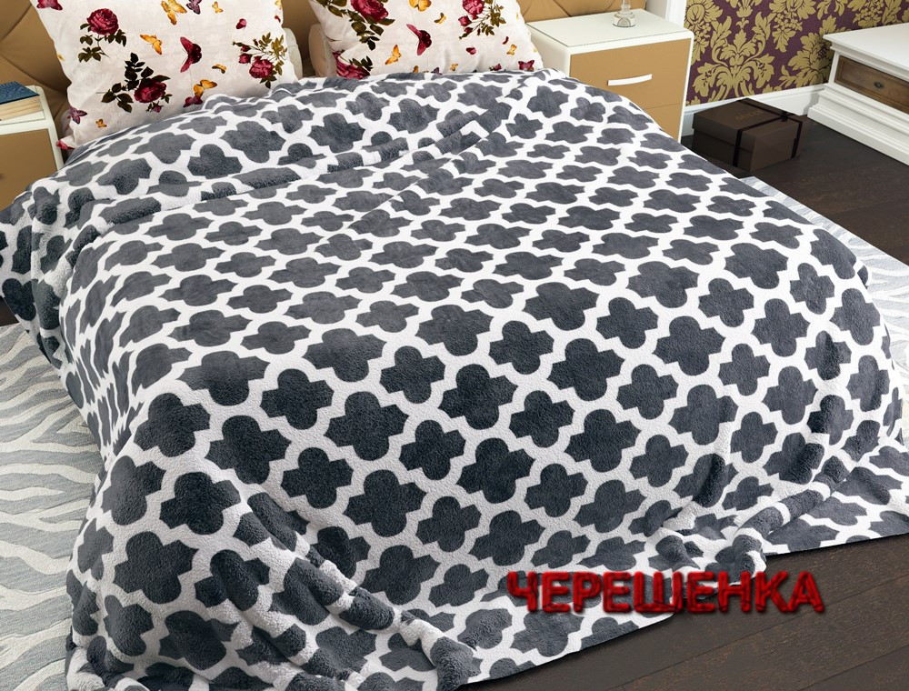 Напівторний флісовий плед покривало 150х220 односпальний сірий орнамент