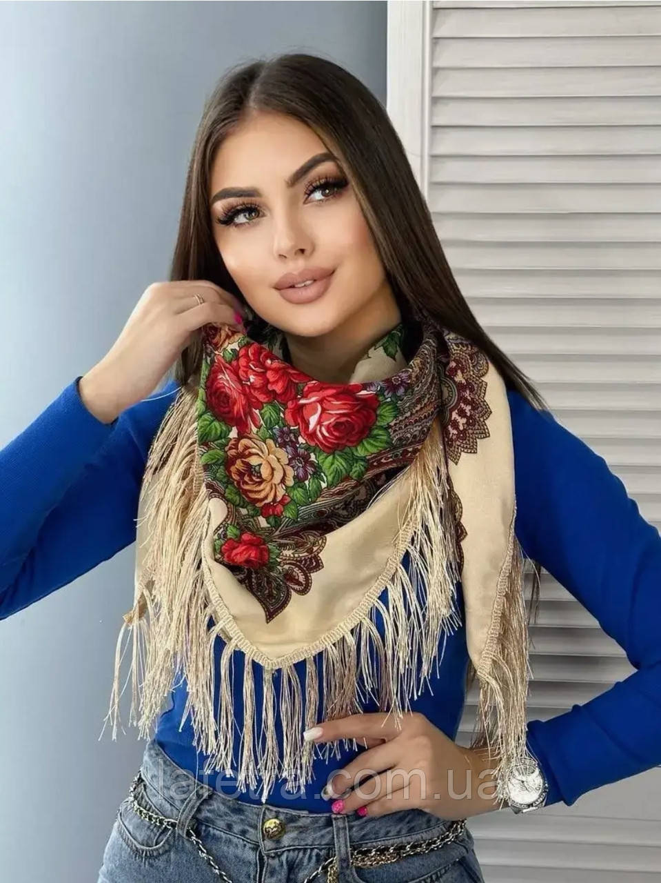 Українська Хустина Косинка Хустка 90х90 см Бежева, фото 1