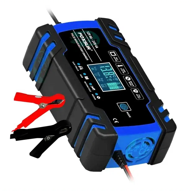 Автомобільний зарядний пристрій Foxsur 12V-24V 8A для акумулятора (Синій)