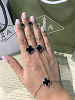 Набор Vancleef/ ВанКлиф черный с посеребрением: браслет, серьги-гвоздики и двойное кольцо