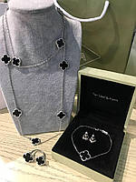 Набор Vancleef/ ВанКлиф черный с посеребрением: подвеска 10 клеверов, серьги-гвоздики, браслет и кольцо