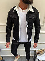 Мужская джинсовая куртка на овчине демисезонная весенняя осенняя утепленная белым мехом на пуговицах черная