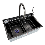 Мийка кухонна Platinum Handmade PVD 750х450х230 "Водоспад" (чорна, змішувач, корзина + сифон), фото 6