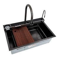 Мийка кухонна Platinum Handmade PVD 750х450х230 "Водоспад" (чорна, змішувач, корзина + сифон)