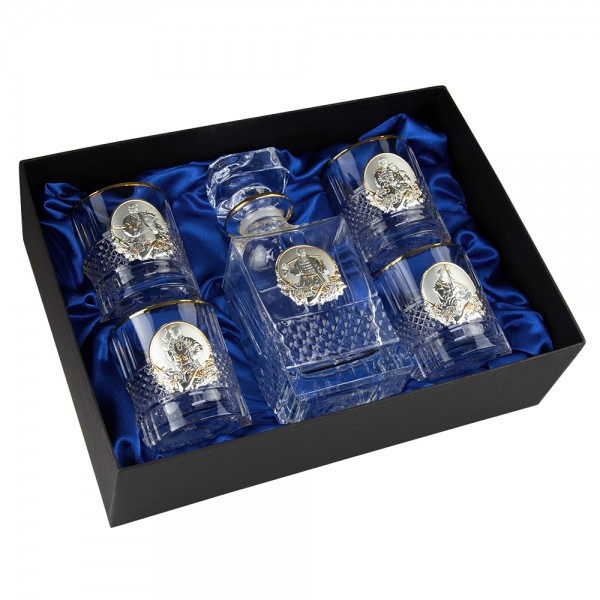 Подарунковий набір "Козаки" графин та 4 келихи для віскі кришталевий з накладками у футлярі від Boss Crystal, фото 1