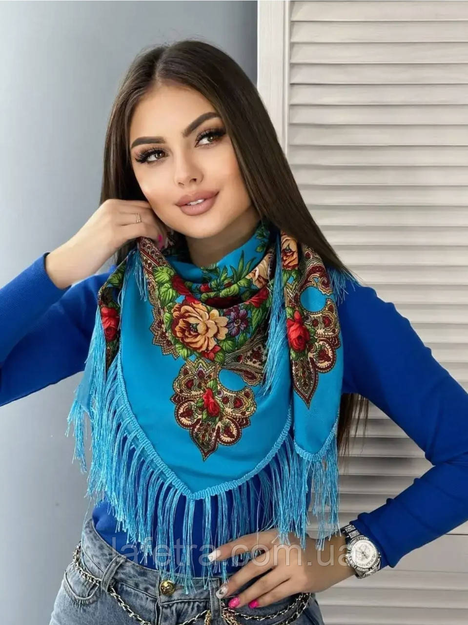 Українська Хустина Косинка 90х90 см Блакитна, фото 1