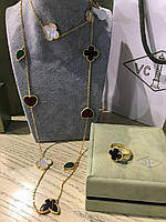 Набор Vancleef/ ВанКлиф в позолоте: подвеска с разноцветными кулонами и кольцо с черным клевером