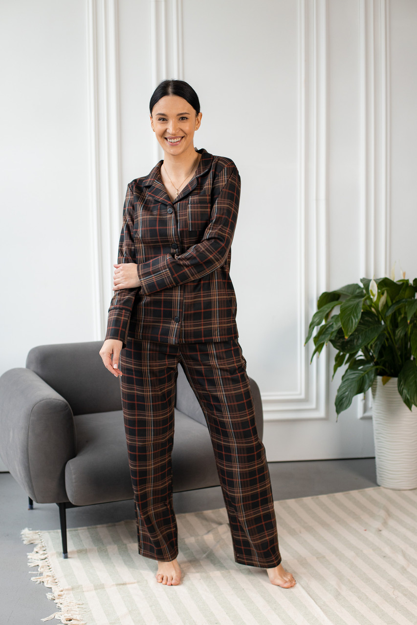 Жіноча піжама сорочка+штани КОРИЧНЕВА КЛІТИНКА котон BRAND 202013, фото 1