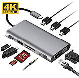 USB-хаб XON SmartLink 10 в 1 Ethernet VGA HDMI 3.5 Audio SD Type-C 3xUSB3.0 Grey (XUCHP104300G), фото 4