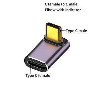 Перехідник адаптер кутовий USB Type-C M/F LED (USB 4.0, 40Gbps, 240W, 8K) Metal Type-5, фото 3