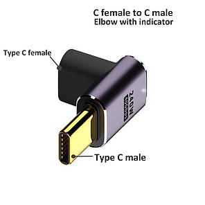 Перехідник кутовий USB Type-C M/F LED (USB 4.0, 40Gbps, 240W, 8K) Metal Type-6, фото 3