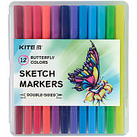 Скетч маркеры 12 цветов двухсторонний пластиковый пенал Kite Butterfly K22-044-2, 62872