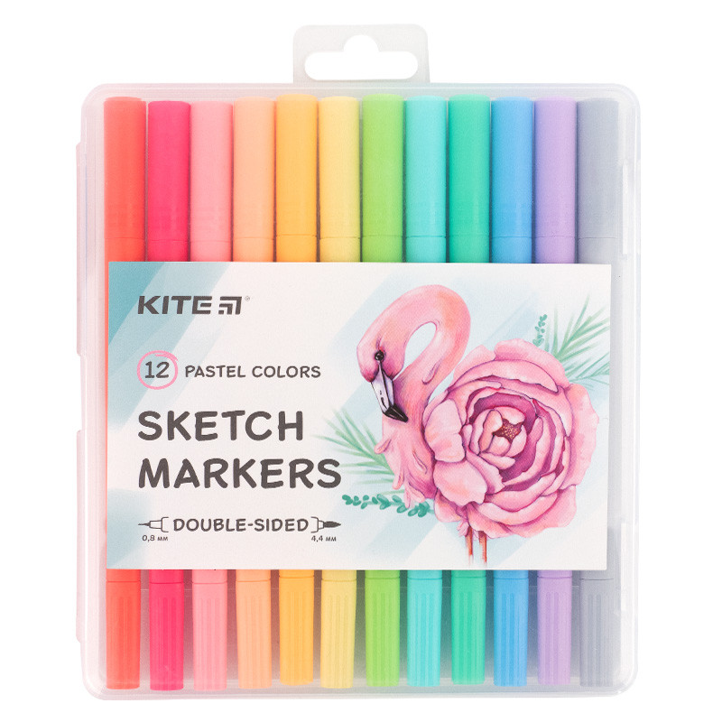Скетч маркери 12 кольорів Pastel двосторонній пластиковий пенал Kite K22-045, 60766