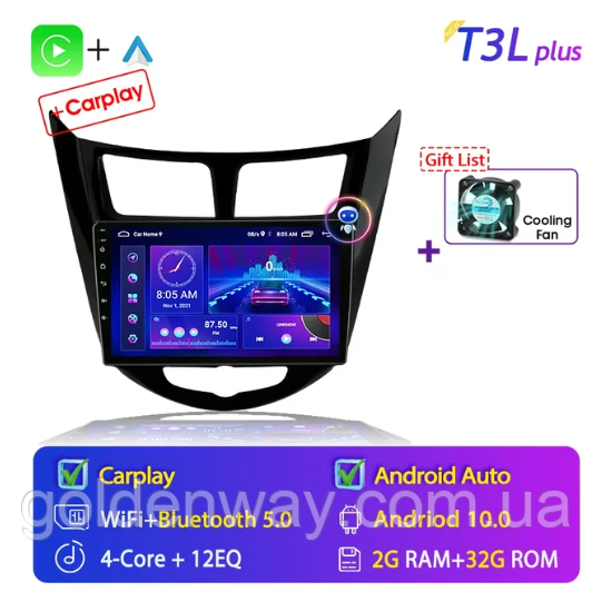 Штатна автомагнітола Android для Hyundai Solaris Accent Verna 2010-2017 T3L plus DSP 2/32 Гб WiFi Carplay
