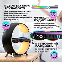 Настільна смарт лампа-нічник G-Smart RGB з годинником, бездротовою зарядкою 15W і Bluetooth-колонкою 3W (GL-White), фото 5