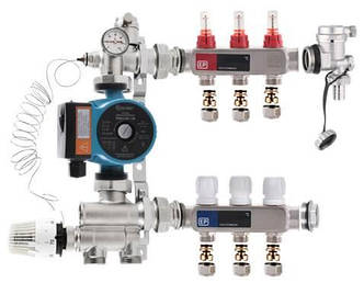 Колектор для теплої підлоги EUROPRODUCT на 3 контури нижній комплект з насосом (латунь)