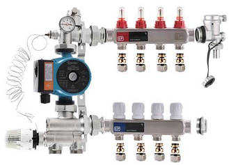 Колектор для теплої підлоги EUROPRODUCT на 4 контури нижній комплект з насосом (латунь)