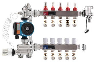 Колектор для теплої підлоги EUROPRODUCT на 5 контури нижній комплект з насосом (латунь)