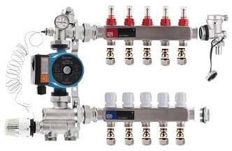 Колектор для теплої підлоги EUROPODUCT на 5 контури нижній комплект з насосом (латунь)