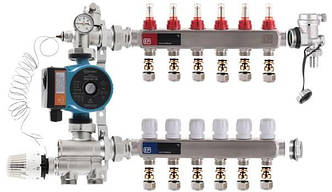 Колектор для теплої підлоги EUROPRODUCT на 6 контури нижній комплект з насосом (латунь)