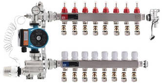 Колектор для теплої підлоги EUROPRODUCT на 8 контури нижній комплект з насосом (латунь)