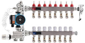 Колектор для теплої підлоги EUROPODUCT на 8 контури нижній комплект з насосом (латунь)