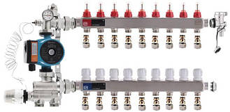 Колектор для теплої підлоги EUROPRODUCT на 9 контури нижній комплект з насосом (латунь)