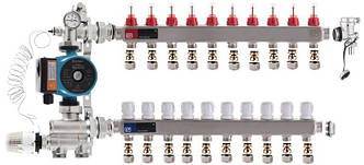 Колектор для теплої підлоги EUROPRODUCT на 10 контури нижній комплект з насосом (латунь)